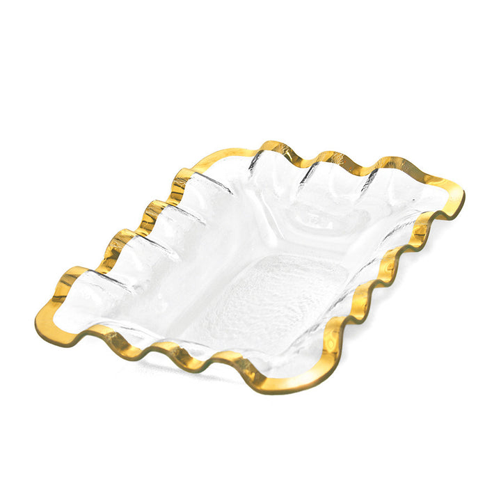 Ruffle rectangular bread basket on clear glass and a 24k gold band.