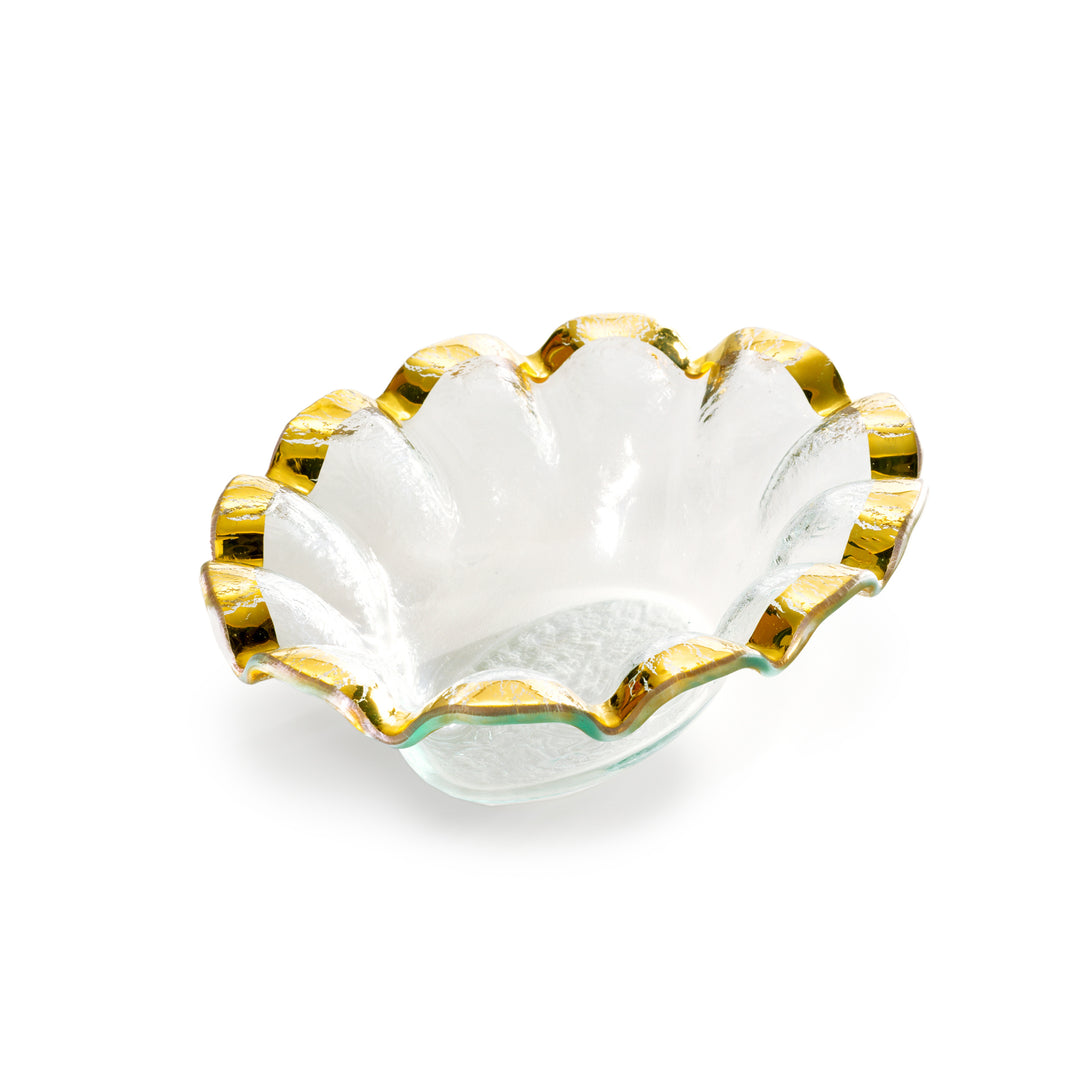 Ruffle small sauce bowl on clear glass with a 24k gold rim.