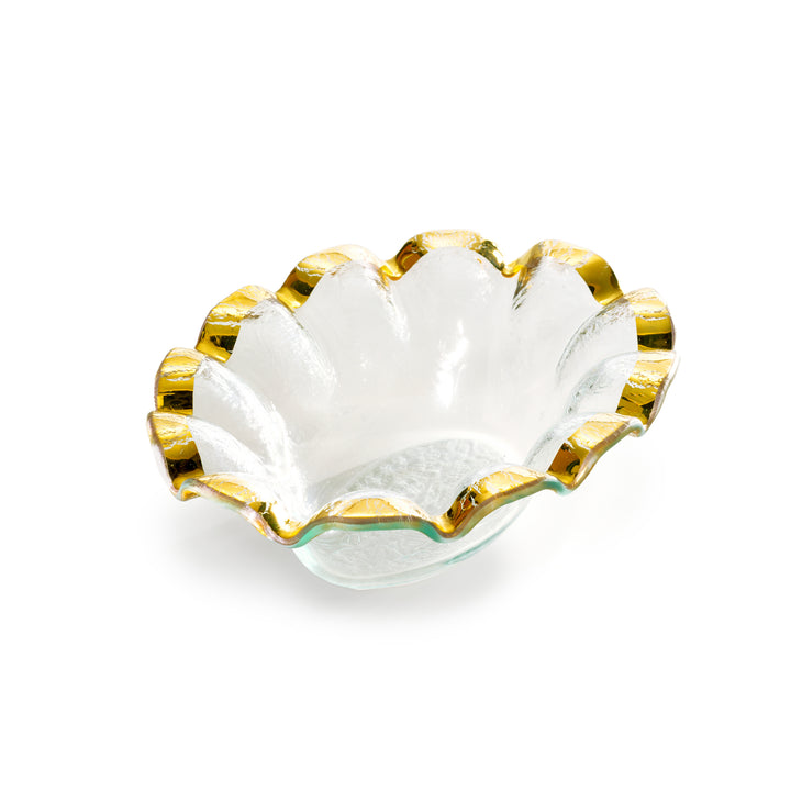 Ruffle small sauce bowl on clear glass with a 24k gold rim.