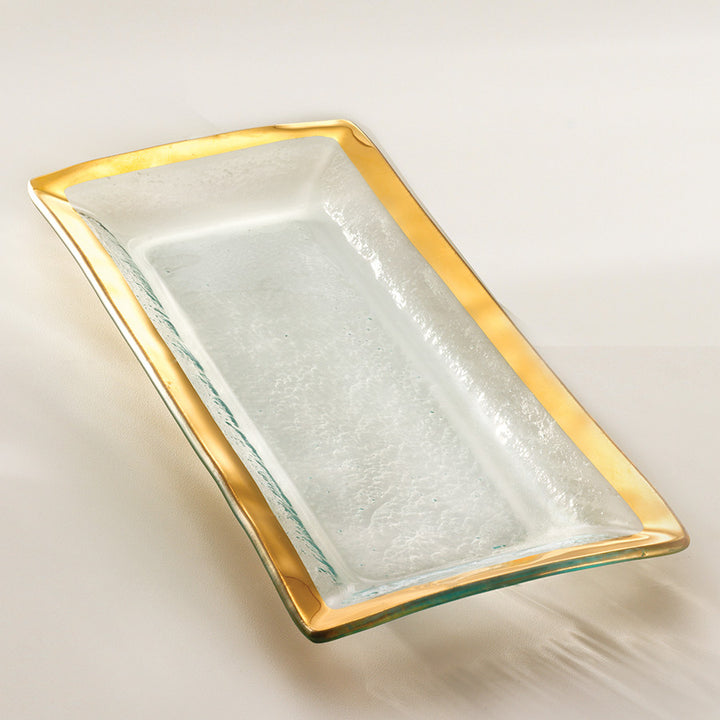 Rectangular tray with a 24k gold band on clear glass.
