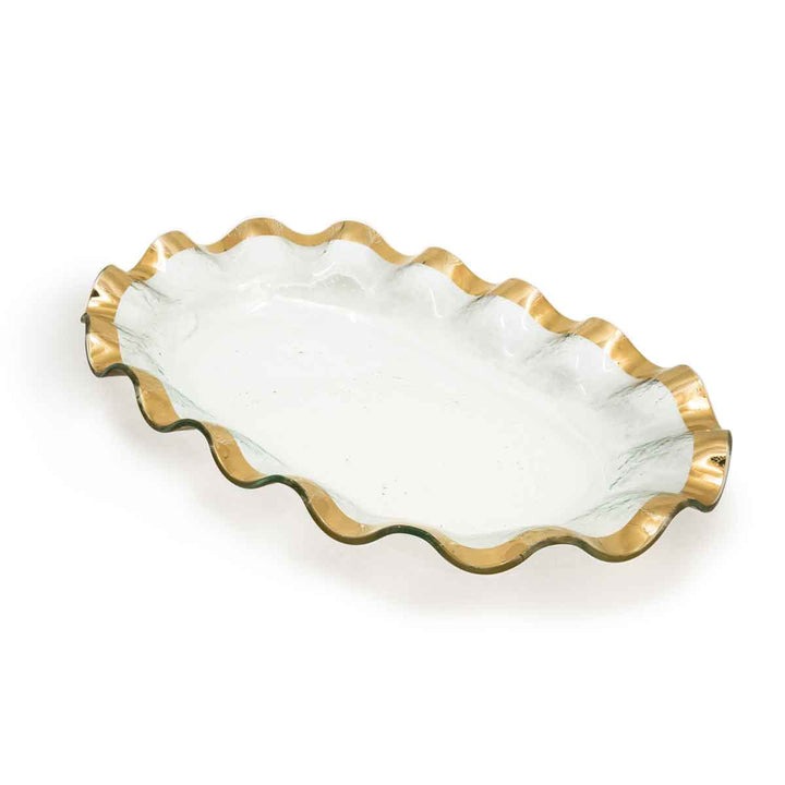 Large shallow oval bowl with a clear body and 24k gold colored rim.