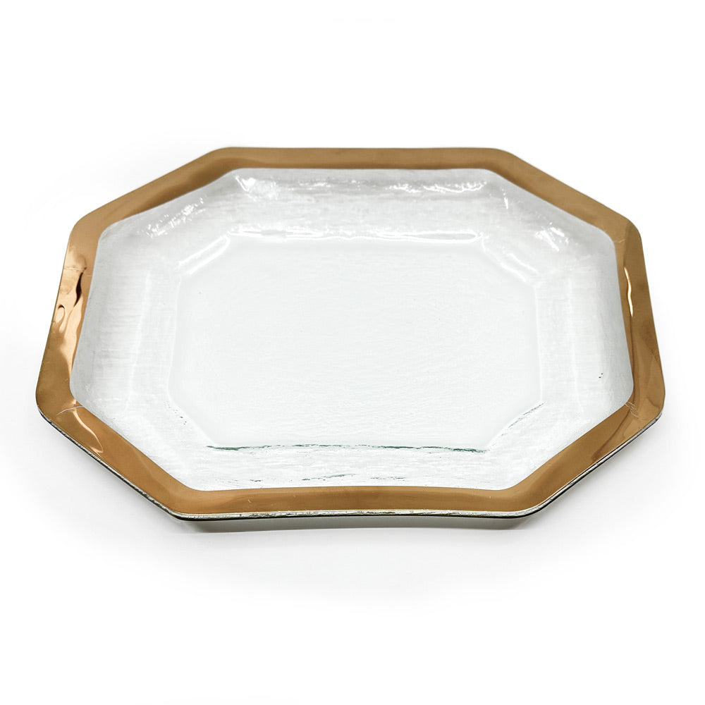 Roman antique medium clear platter with a 24k gold band.