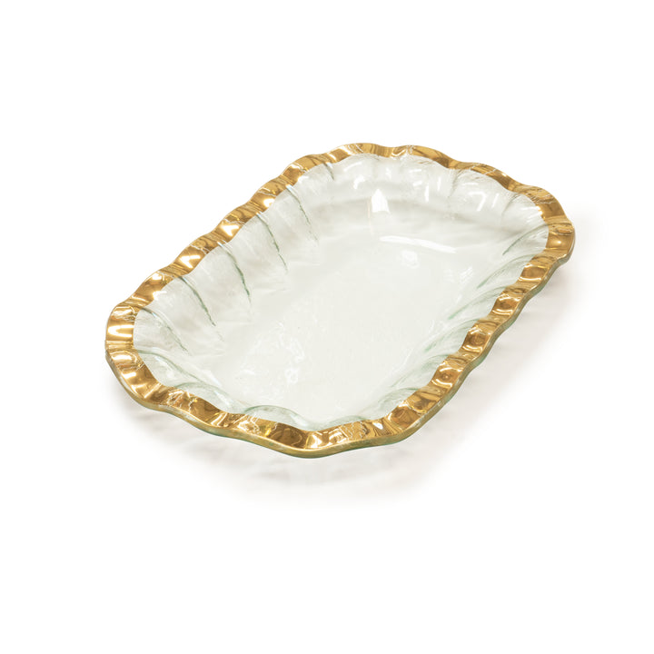 Ruffle rectangular bowl on clear glass with a 24k gold rim.