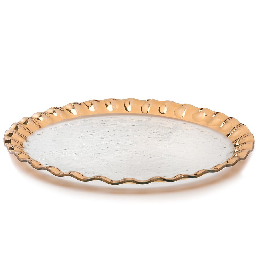 Ruffle giant clear round platter with a band in 24k gold.