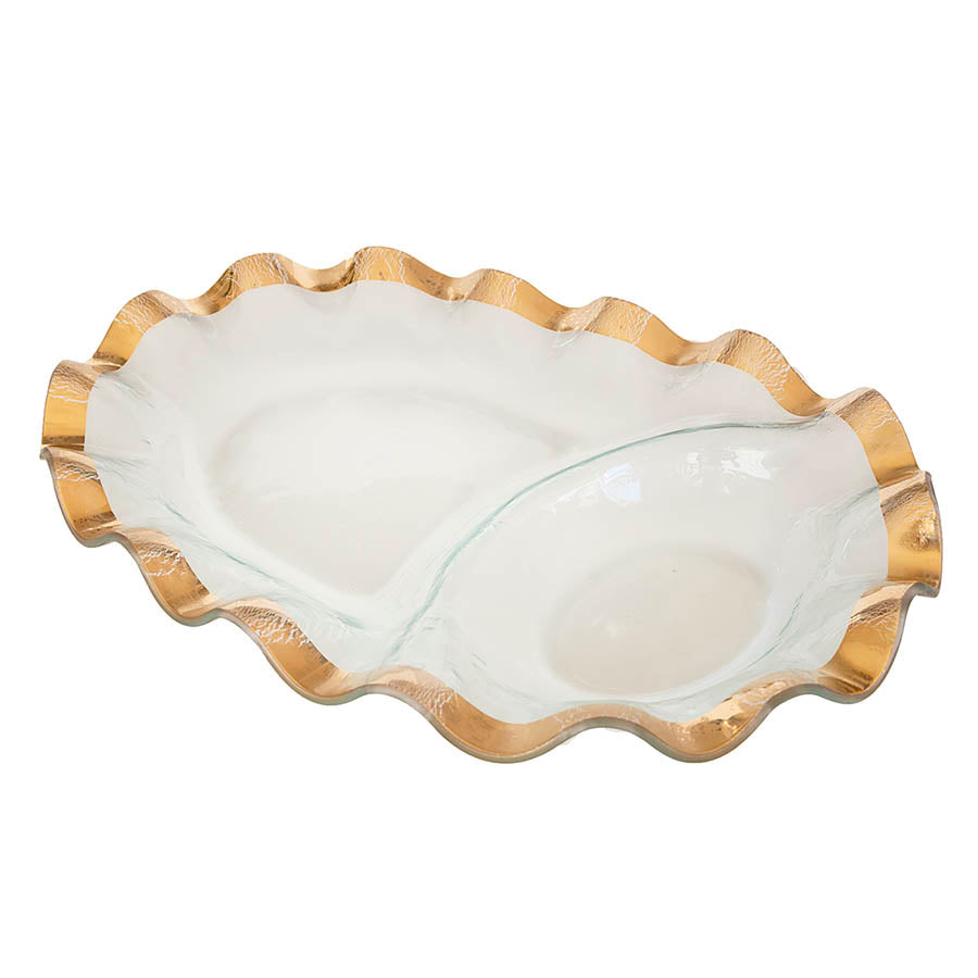 Handcrafted ruffle oval chip and dip platter with a 24k gold band.
