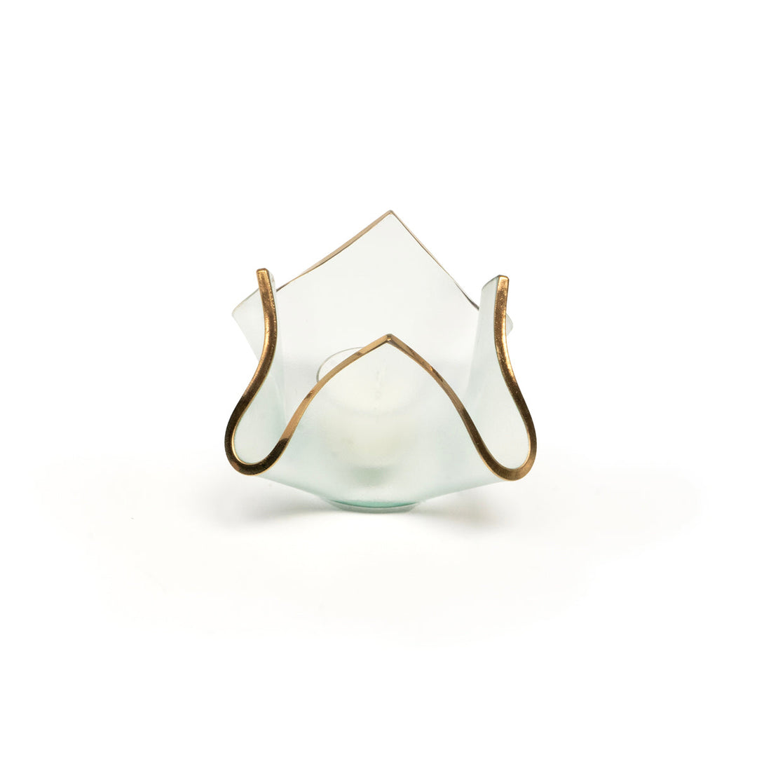 Frosted Glass with a 24k gold trim small votive with a candle.