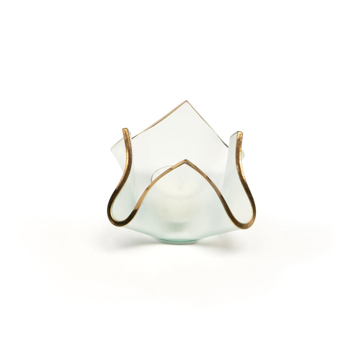 Frosted Glass with a 24k gold trim small votive with a candle.