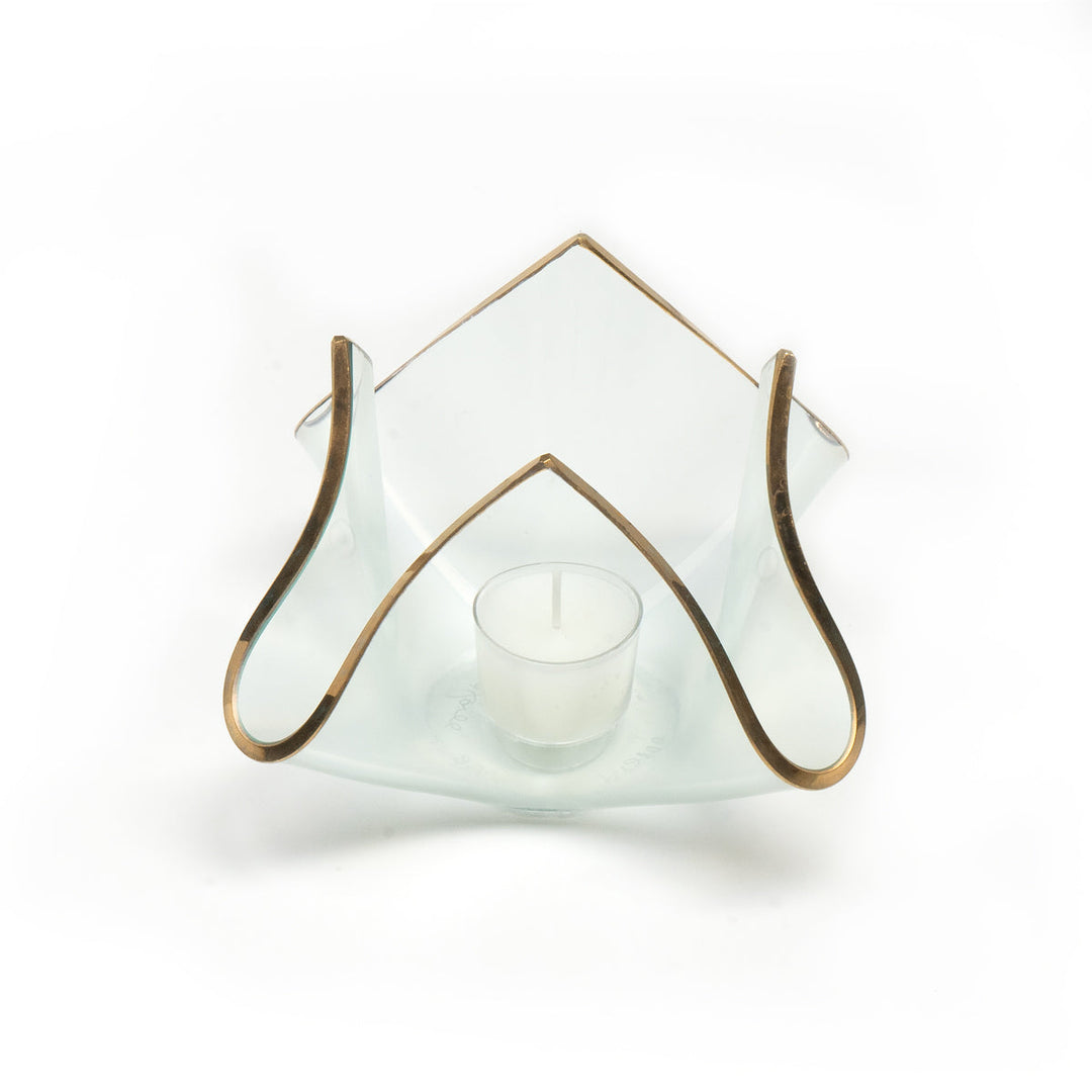 Clear 5" high candle votive with a 24k gold trim.