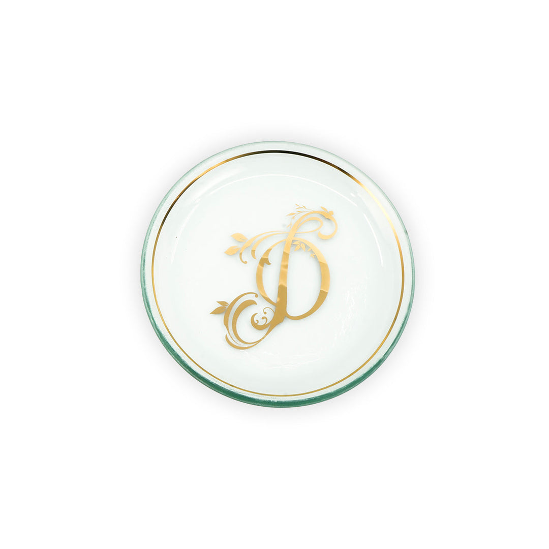 Initial 6" clear plate with a 24k gold rim and letter D.