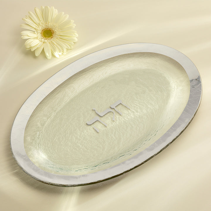 Judaica oval Challah platter with a platinum rim & a flower on top.