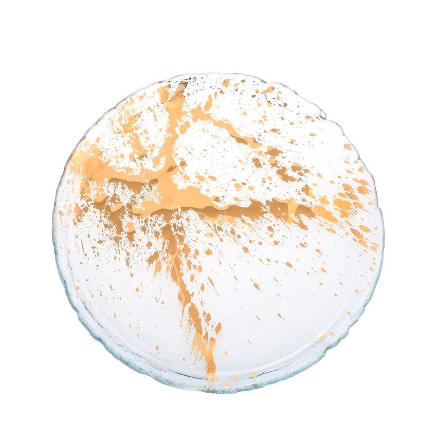 Medium Jaxson round plate with 24k gold splatter and drips design.