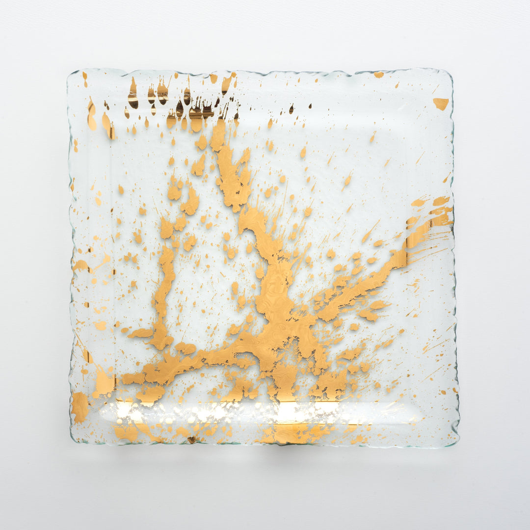 Handcrafted Jaxson square glass plate with 24 gold splatters