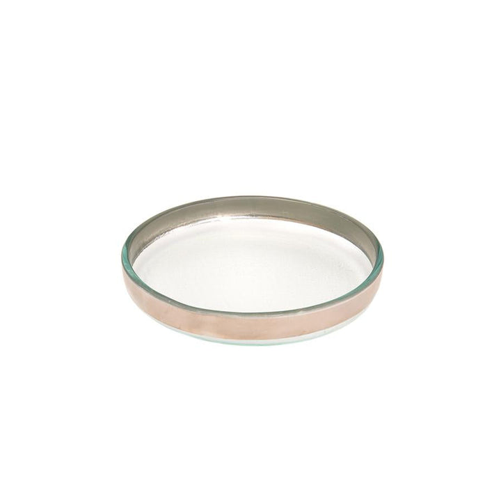 Clear small round plate with a platinum band on a white background