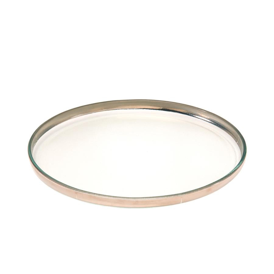 Mod Large round clear plate with a platinum band.