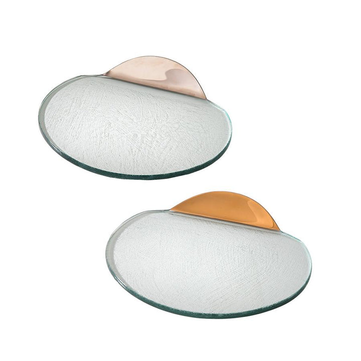 Mod medium rounded platters with a platinum and 24k gold lifted handles.
