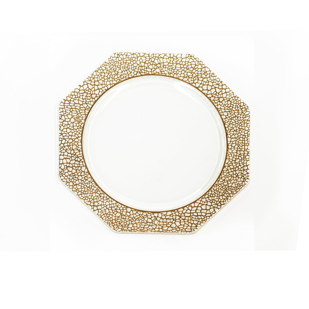 Mosaic octagon shaped charger with tiny mosaic squares in 24k gold on the band.