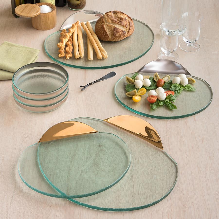 Mod servers, clear glass with gold and platinum, dinner party serving tray