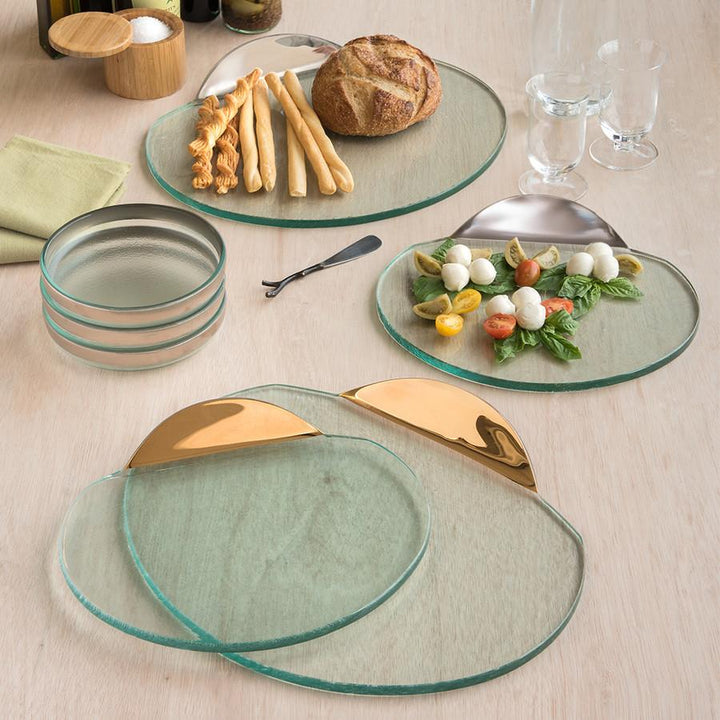 Mod servers, clear glass with gold and platinum, dinner party serving tray