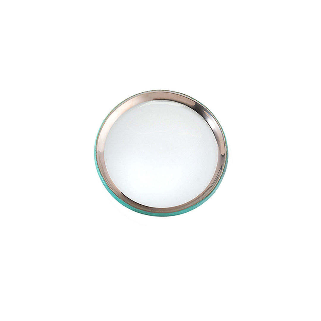 Small clear plate with a platinum band on a white background.