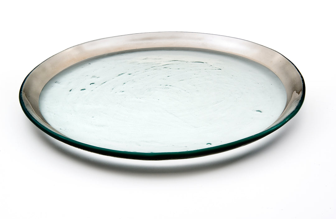 Roman antique buffet plate with a platinum band on clear glass.