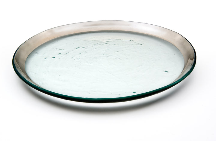 Roman antique buffet plate with a platinum band on clear glass.