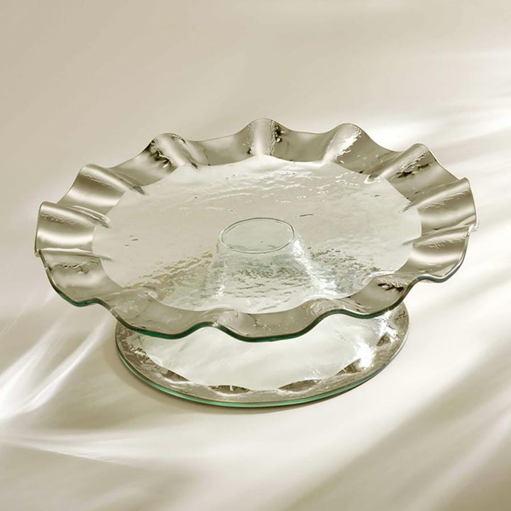Ruffle cake stand with a platinum rim and base.