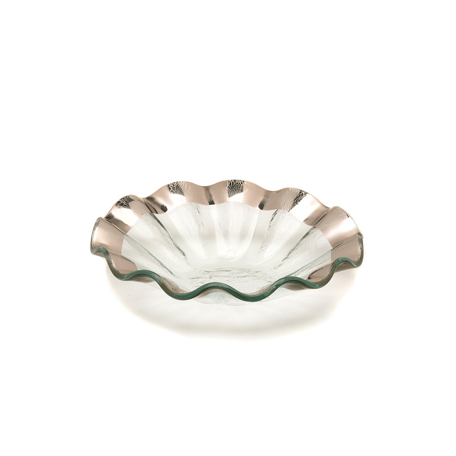 Ruffle small bowl on clear glass with a platinum band.