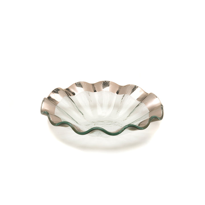 Ruffle small bowl on clear glass with a platinum band.