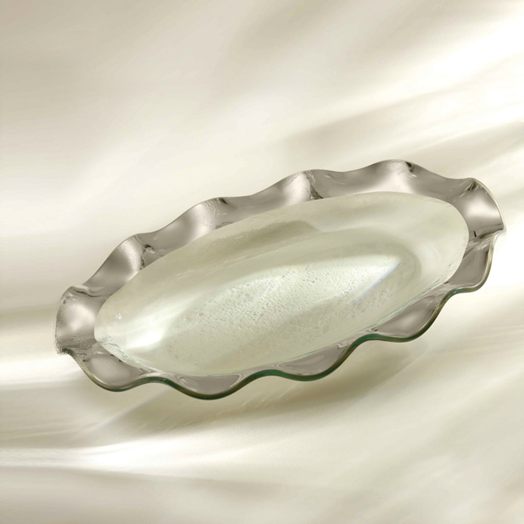 Ruffle oval platter on clear glass with a platinum rim.