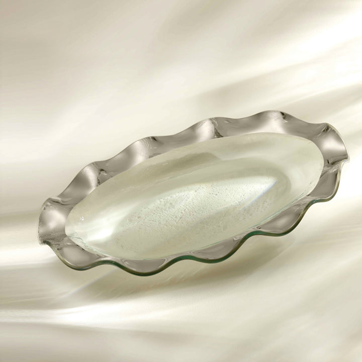 Ruffle oval platter on clear glass with a platinum rim.