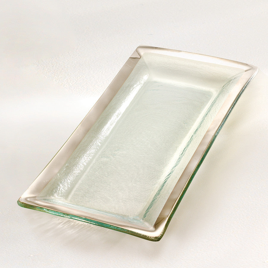 Small appetizer tray on clear glass with a platinum band.