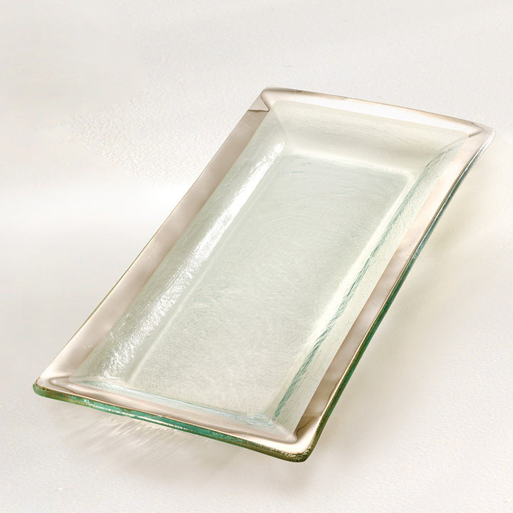 Small appetizer tray on clear glass with a platinum band.