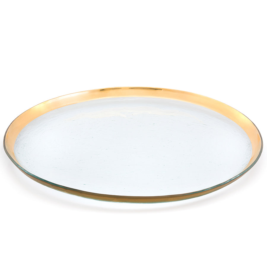 Round giant platter on clear glass and a 24k gold band.