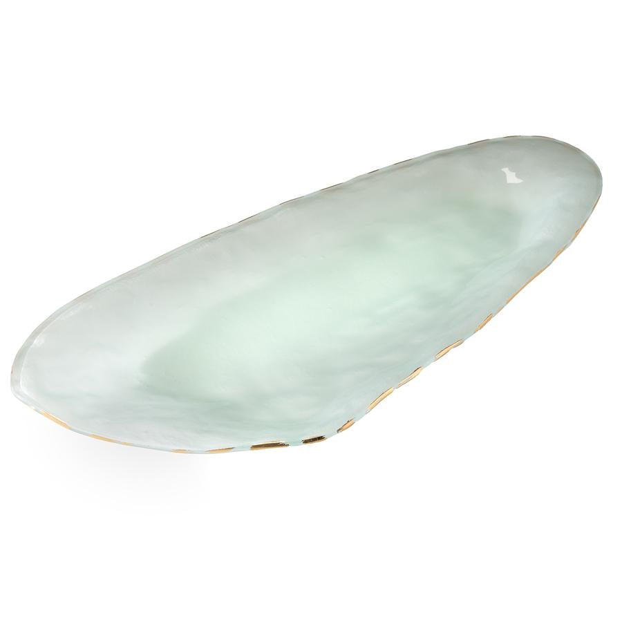 Oval large shell platter made of frosted glass with a 24k gold trim on the edge.