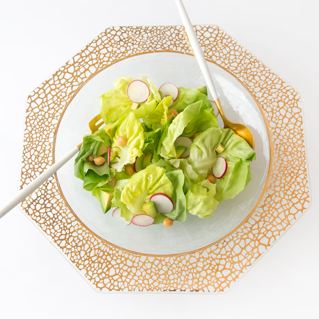 Annieglass Serving Bowl, Mosaic bowl with an octogonal wide trim. The trim has a mosaic pattern in 24K gold.