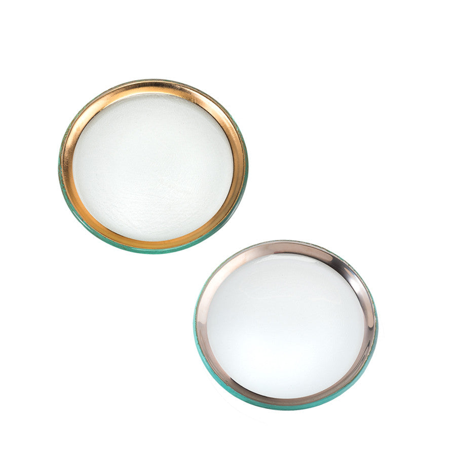 Small round roman antique salad plates with a 24k gold band and a platinum band.