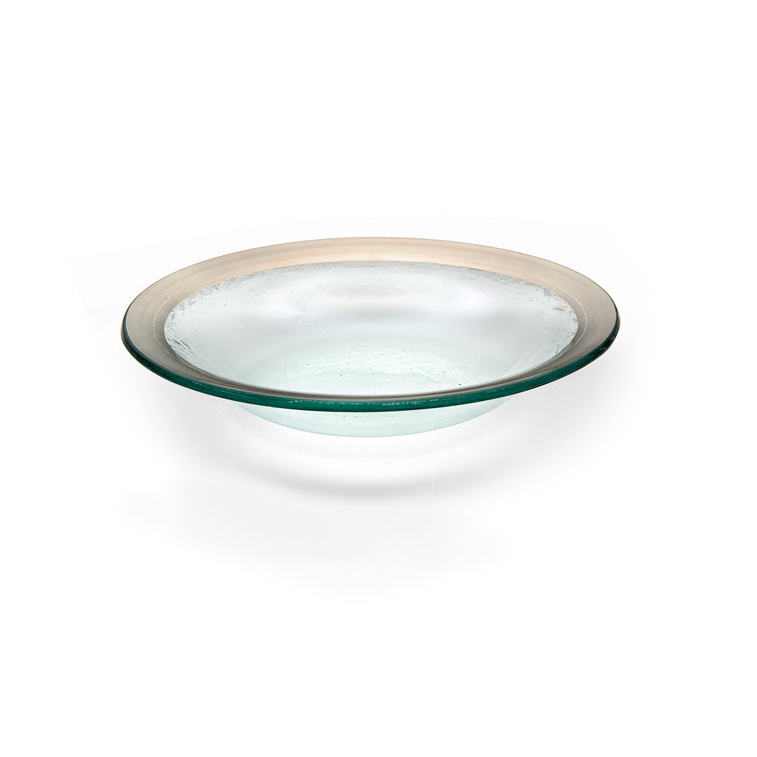 Clear deep glass bowl with a platinum band on a white background.