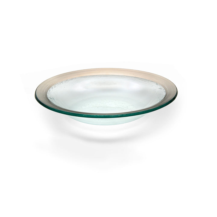 Clear deep glass bowl with a platinum band on a white background.
