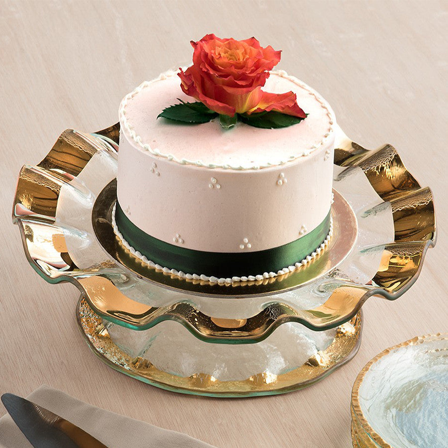 Clear Glass Cake Plates, Gold Band Pedestal Stand with a cake