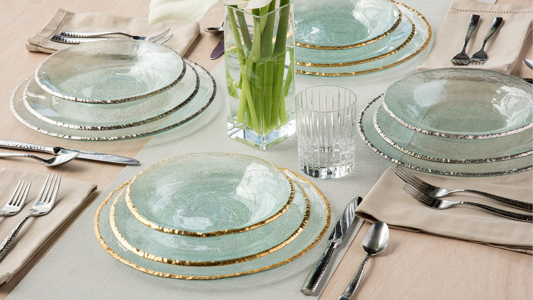Edgey dinnerware and serving pieces with 24K Gold or platinum rims are easily dressed up, or add a splash of elegance to the ordinary when used every day. 