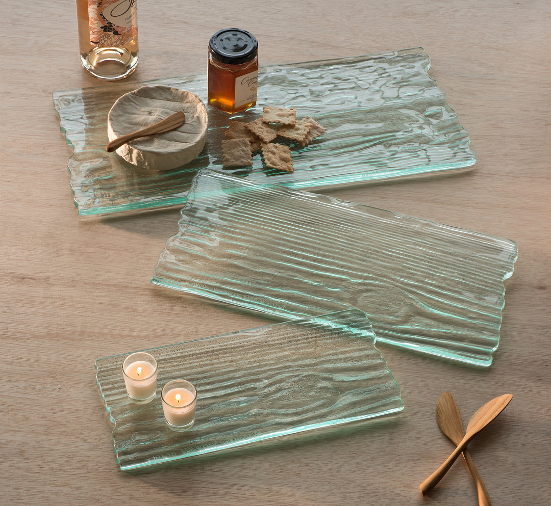 Wood grained clear glass cheese boards, perfect for the tabletop