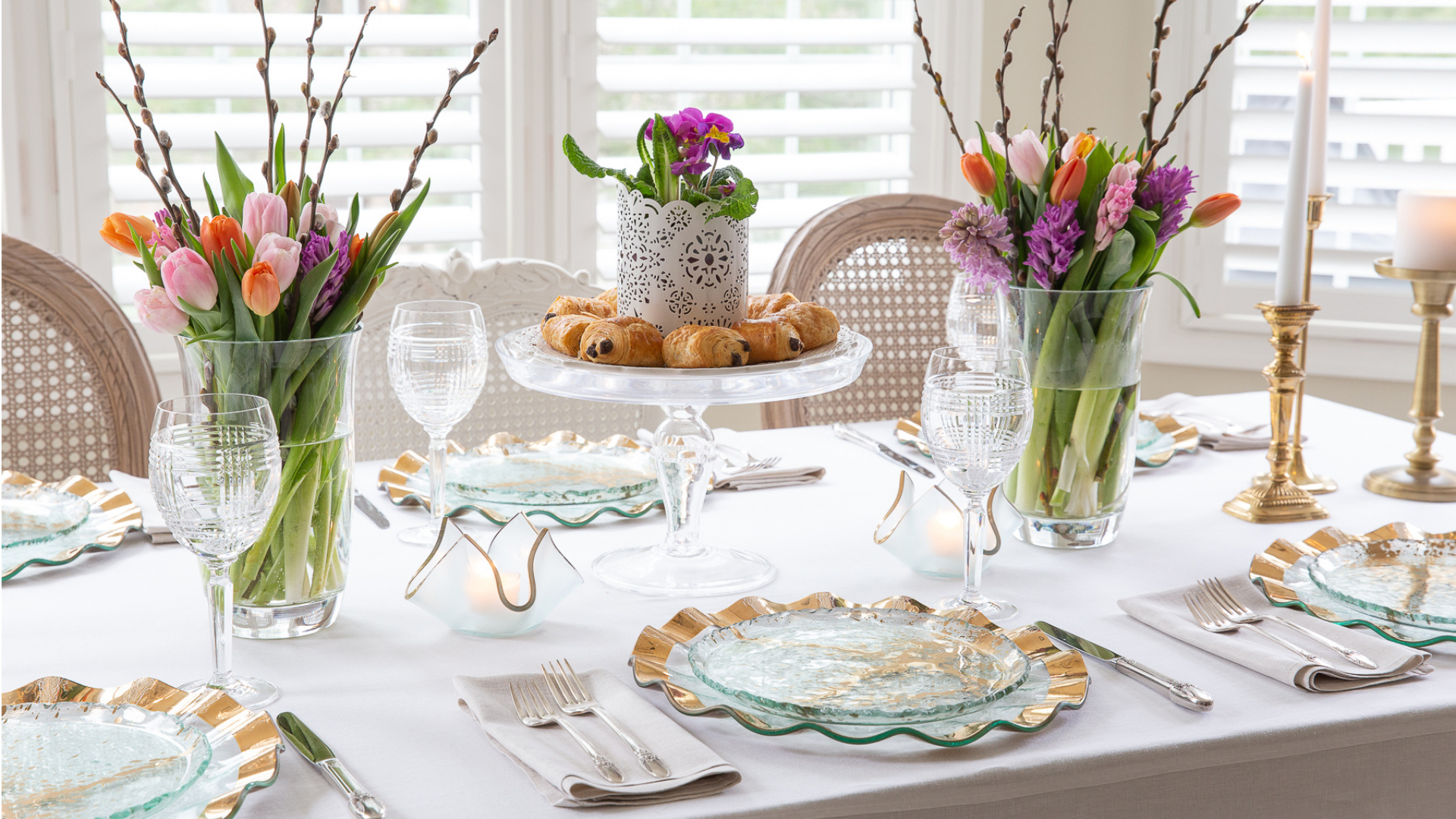 Easter table setting with Annieglass Ruffle buffet plates and Jaxson dinner plates