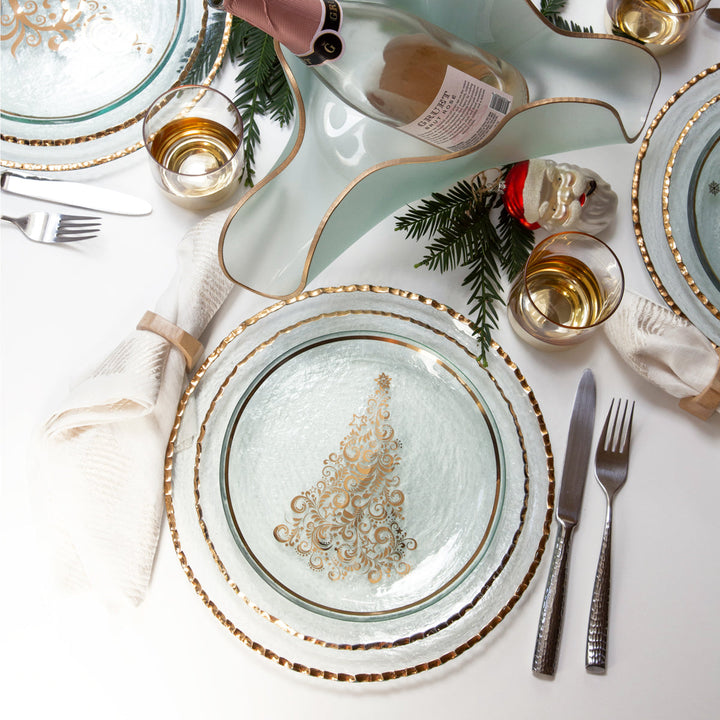 A Holiday table setting with 3 nested plates, Edgey charger, Edgey Dinner and the 2025 Christmas plate