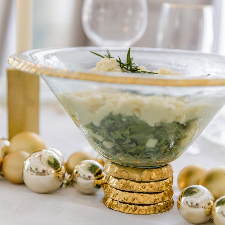 Annieglass Edgey 24k gold rim serving bowl with glass stand