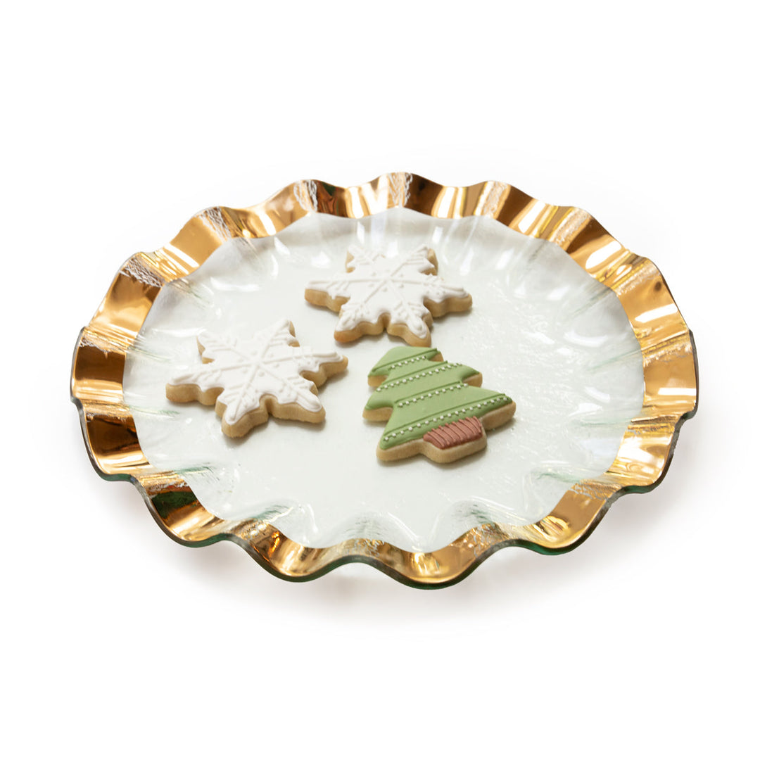 Ruffle round platter with a 24k gold band and Christmas cookies.