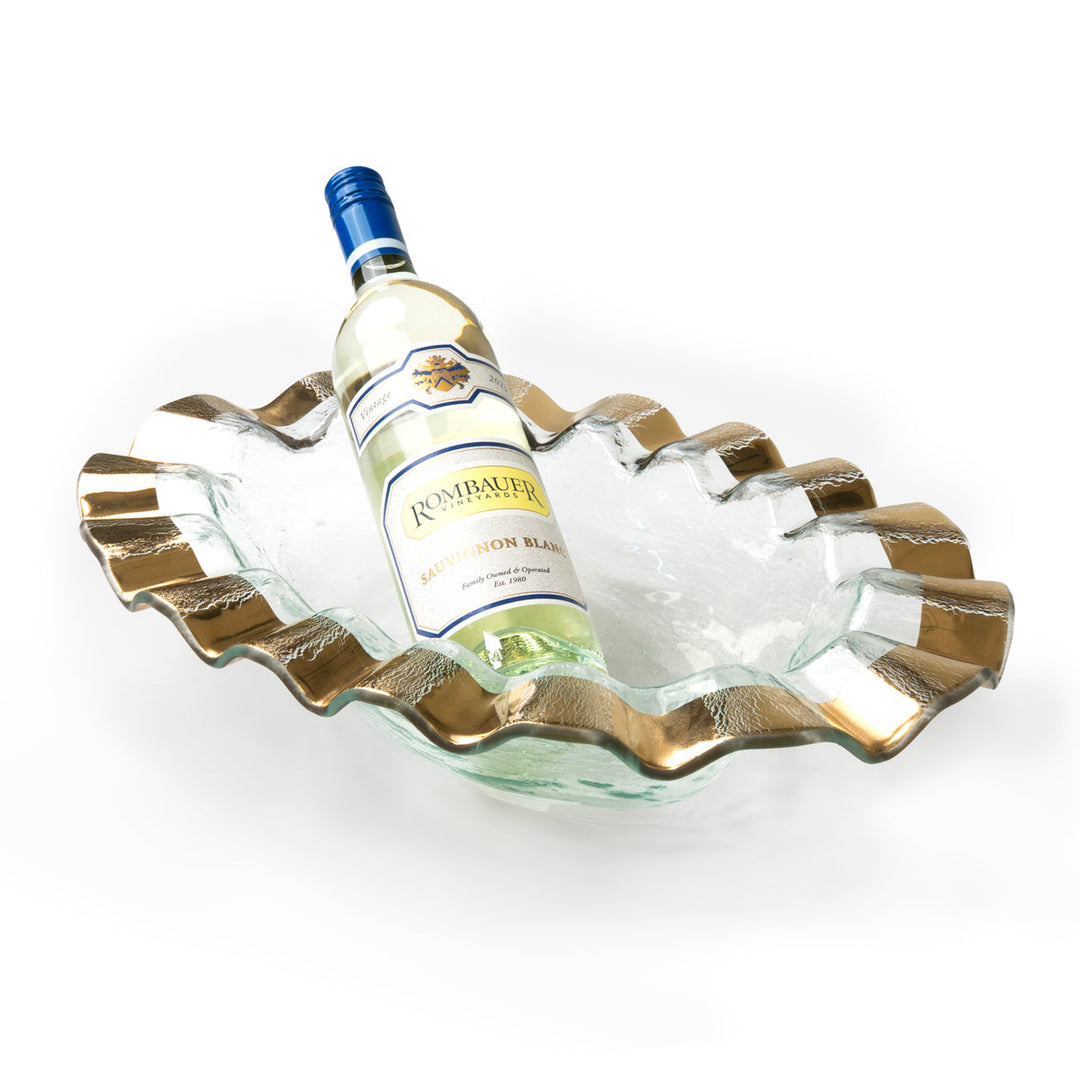 Ruffle WIne Cooler with 24k gold band & a bottle of wine.