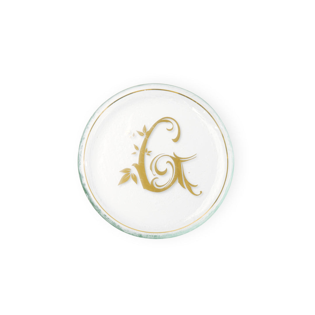 Clear mini plate with a gold rim & letter G in 24k gold.