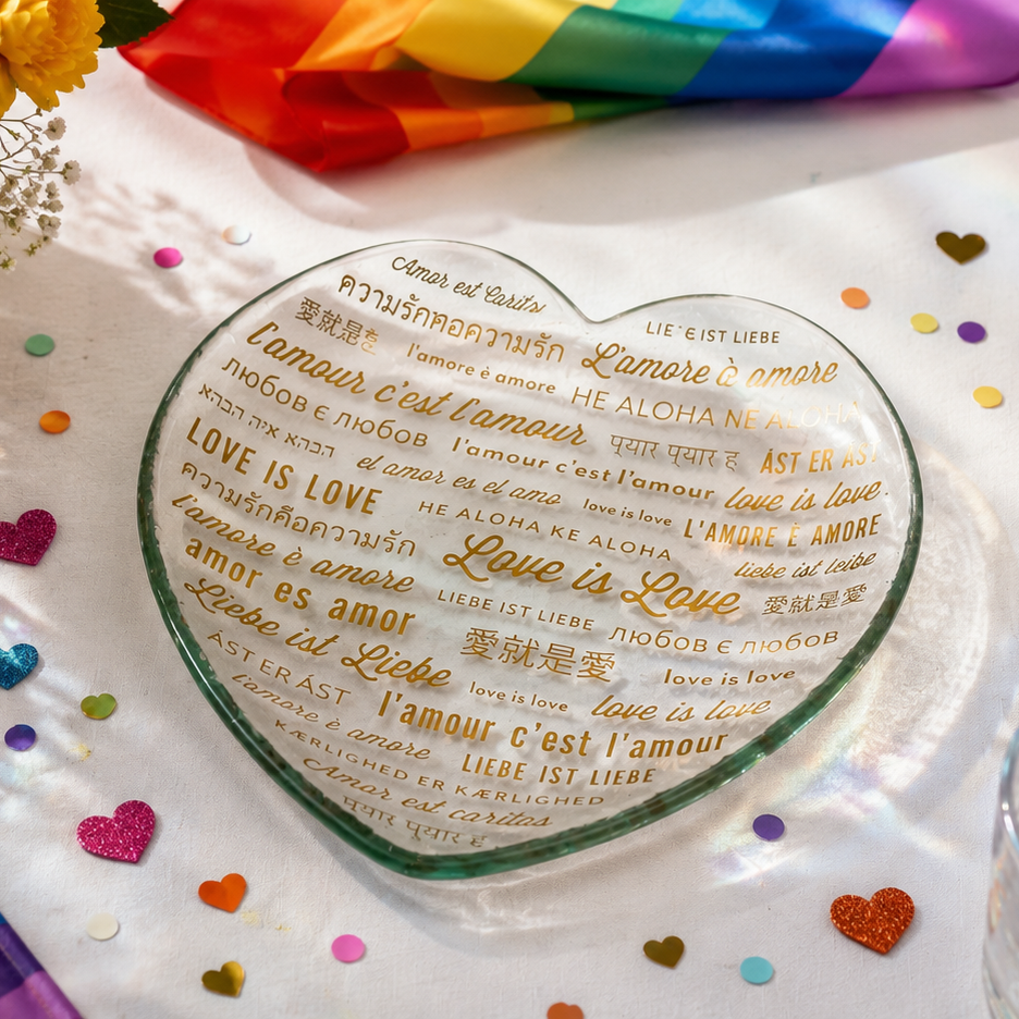 Heart-shaped decorative plate with "Love is Love" written in multiple languages in 24k gold on a table with rainbow flags, candles, and flowers.
