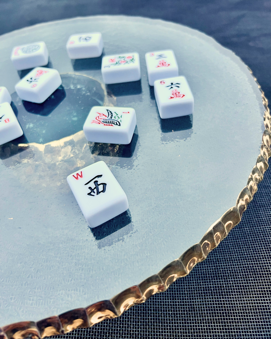 Mah Jong block on top Annieglass Edgey Round cakestand