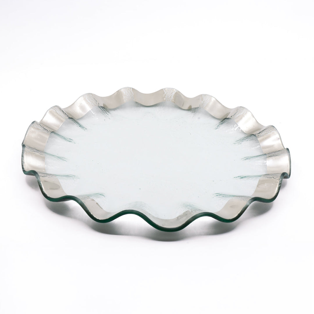 Ruffle round platter with a Platinum band on a white background.